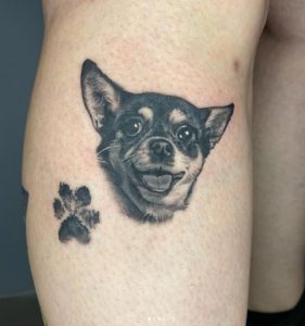 Chihuahua Black and White Tattoo on Leg