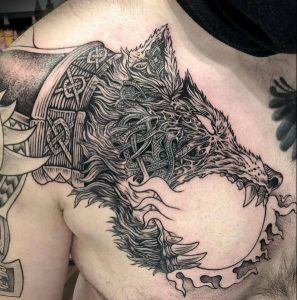 27 Heroic Fenrir Tattoo Covering Shoulder to chest