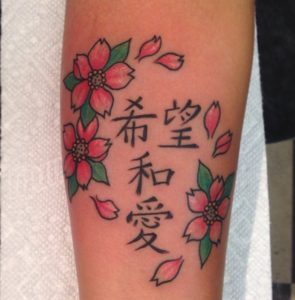 28 Kanji Tattoo with Red Flower on Arm