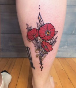 29 Amazing Color Inked Floral Tattoo on Back Lower Leg