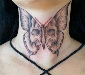 29 Incredible Black Inked Butterfly Tattoo on Front Neck