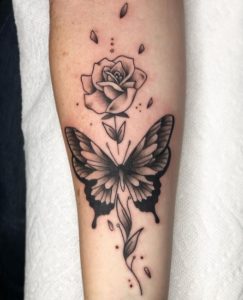 29 Solid Black ink Fine Line Rose Butterfly Tattoo Covering Half Sleeve