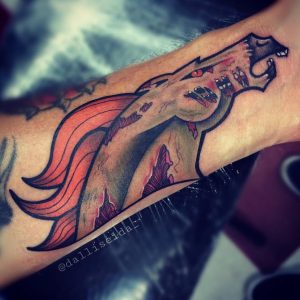 29 Solid Ink Broncos Zombie Tattoo on Hand