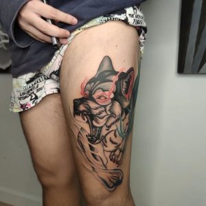 29 Superb Skin Art Taugh Fenrir Tattoo on Thigh