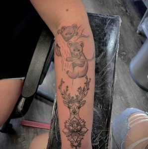 3 Amazing Black Gray Ink Line Bear Cub With Floral Dear Tattoo on Half Hand