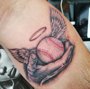 3 Baseball Rip Tattoo with Angel wings on Sleeve
