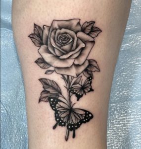 3 Black Gray Inked Rose with Butterfly Tattoo on Leg