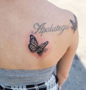3 Black Ink Butterfly with Name Tattoo for Pretty Female on Back