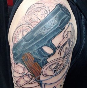 3 Color Inked 1911 Antique Pistol Tattoo on Arm