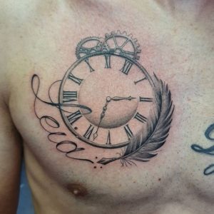 3 Cool Gear Pocketclock Tattoo Writen Name with Father Pan on Chest
