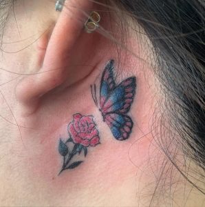 3 Cutest Butterfly with Rose Tattoo for Adult Girls Behind the Ear