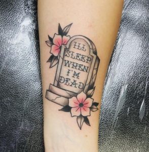 3 Heart Tuching Headstone Tattoo Snaged with Quote and Lovely Flower on Leg
