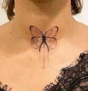 3 Realistic Black Ink Small Butterfly Tattoo for Female on Bellow Neck