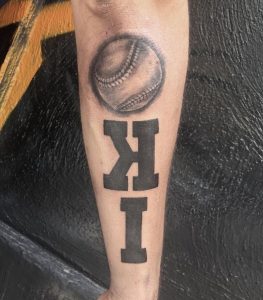 30 Amazing Black Gray Ink Illustrarion Baseball Tattoo With Name on Half Hand