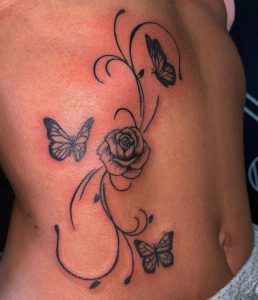 30 Solid Black ink Fine Line Rose 3 Butterflies Tattoo Covering Rib To Belly