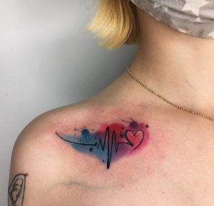 30 Super Lovely Color Ink Pulse Tattoo with Heart on Chest