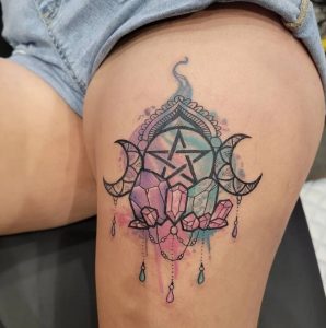 31 Colorful Crystall with Moon Star Tattoo on Thigh