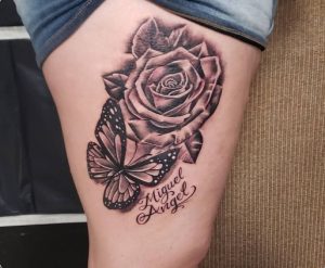 31 Gorgeous Rose Butterfly Ink Tattoo on Thigh