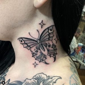 32 Intensify Black Inked Skull Butterfly Tattoo for Sexy Girls on Neck Side