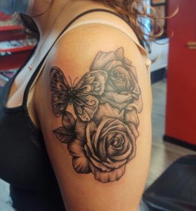 32 Stunning Rose Butterfly Tattoo on Arm