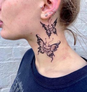 33 Pretty Skull Butterflies Tattoo for Professional Girls on Neck Side