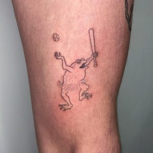 34 Black Line ink Frog Playing Baseball Tattoo on Arm