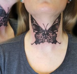 34 Thilling Skull Butterflies Tattoo for Cute Girls on Front Neck Throte