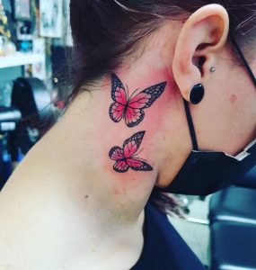 35 Sweet Pink Cute Color Ink Butterflies Tattoo for Cute Female on Side Neck