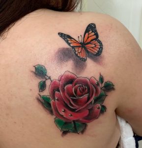 36 Realistic 3D Rose Butterfly Tattoo on Back