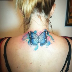 36 Sweet Water Color Ink Butterflies Tattoo for Cute Lady on Bellow Backside Neck