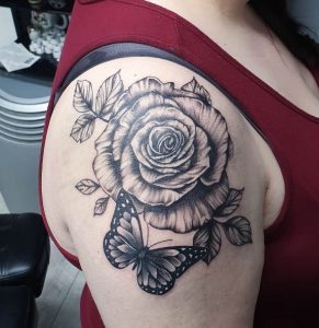 38 Outstanding Black Gray Inked Rose with Butterfly Tattoo From Shoulder to Arm