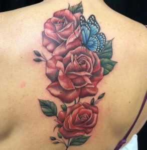 39 Permanent Color Inked Rose with Butterfly Tattoo on Full Back