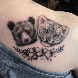 4 Amazing Black Gray Ink Line Children Bear Cub With Tiger Face Tattoo on Shoulder Back