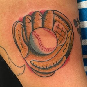 4 Baseball in Gloves Tattoo on Thigh