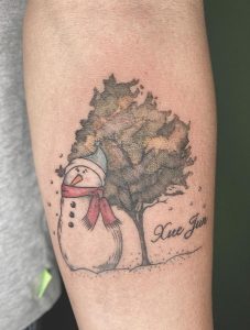 4 Black Ink line Winter Snow Tattoo with Tree on Forearm