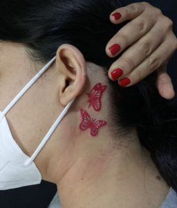 4 Cutest Red Color Butterfly Tattoo for Cute Girls Behind the Ear