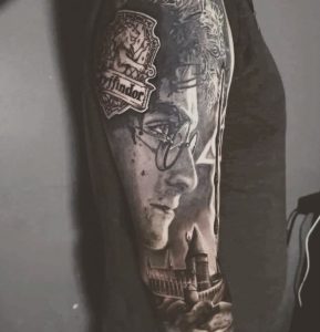 4 Gray Ink Gryffindor Harry Potter Tattoo on Arm