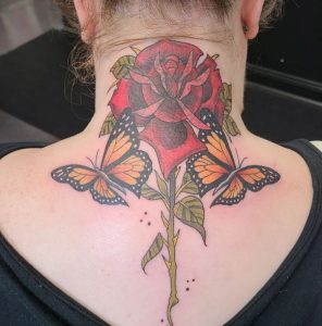 4 Real Color Inked Best Rose with Butterfly Cover Up Tattoo From Neck to Back