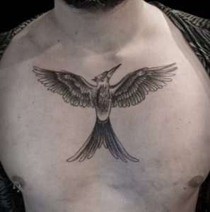 4 Stunning Gray Ink Designed Victoroius Mockingjay Flying Bird Tattoo on Chest