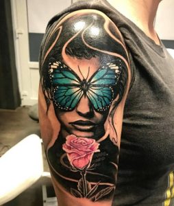 42 Best Cover Up Solid Inked Rose with Butterfly Tattoo on Half Arm