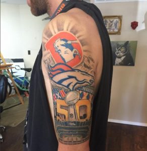 43 Color Full Denver Broncos Tattoo on Half Arm
