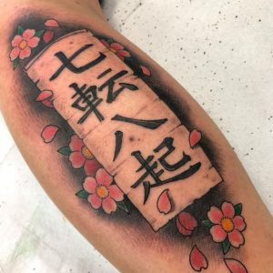 44 Amazing Gray Red Colored Kanji Tattoo on Half Sleeve