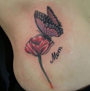 44 Realistic Color Inked Roses Butterfly with Writting Mom Tattoo on Belly