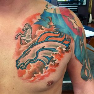 48 Color full Ink Broncos Tattoo Covering Chest to Half Arm