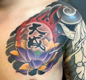 48 Glorious Color Ink Kanji Tattoo Covering Chest to Arm