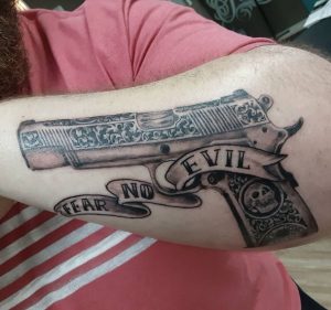 5 Black Gray Inked 1911 Pistol with Quote Tattoo on Half Sleeve
