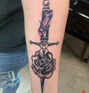 Flower with Crystal Tattoo on Half Arm