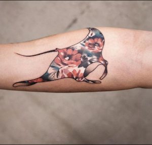 5 Floral Design Color Ink Marine Stingray Tattoo on Forearm