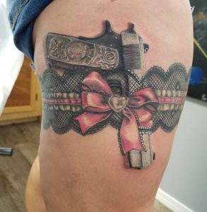 5 Incredible Real Color Inked 1911 Pistol Tattoo Tide with Love Ribbon on Thigh