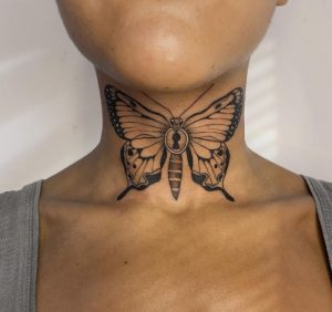5 Lovely Black Inked Locker Butterfly Tattoo for Female on Front Neck